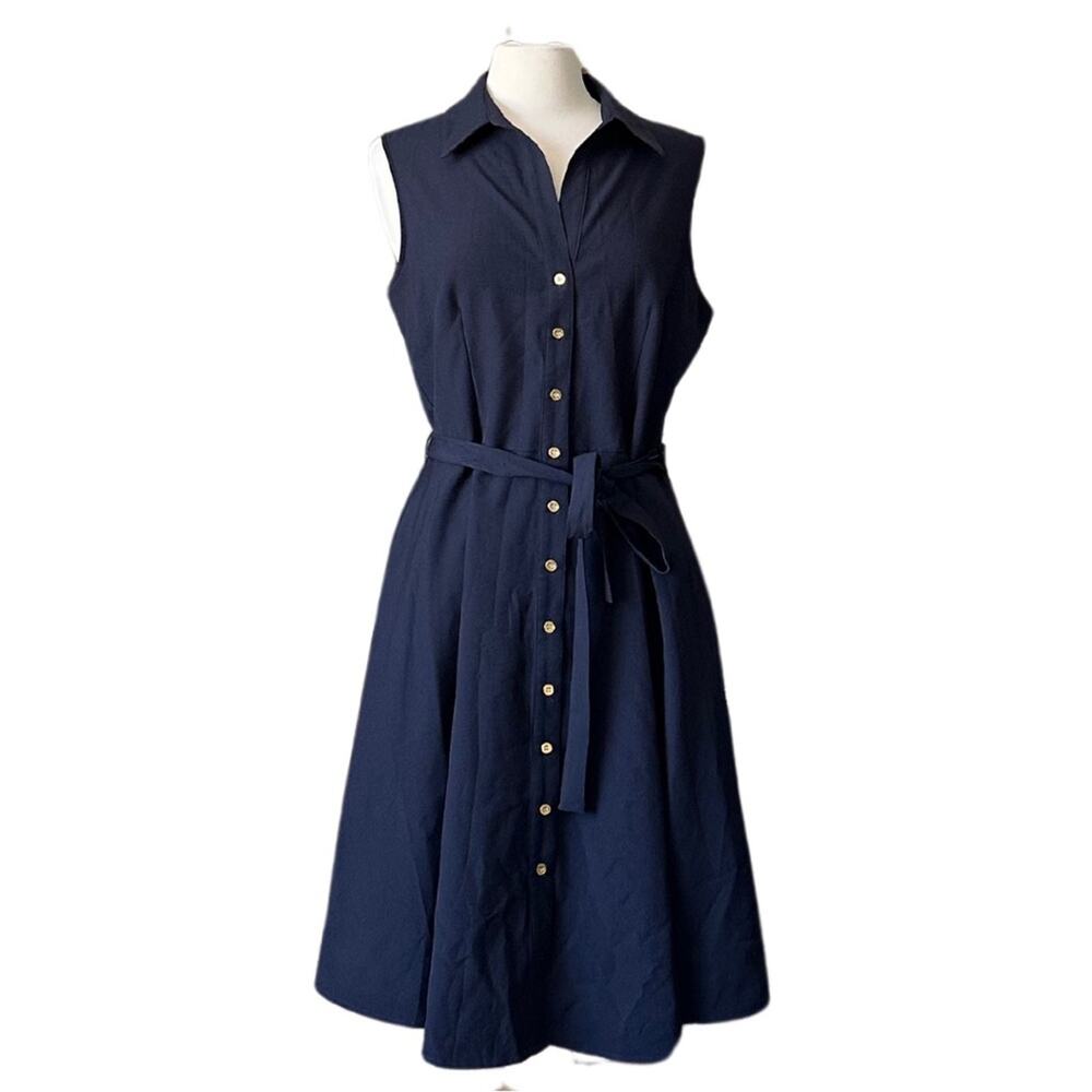 Sharagano Navy Gold Button Front NWT Nautical Boat Dress Belted ZZ
